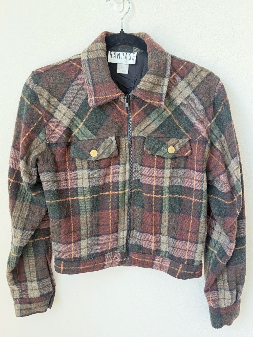 Rampage Plaid Zip-Front Jacket in Green, Brown & Cream